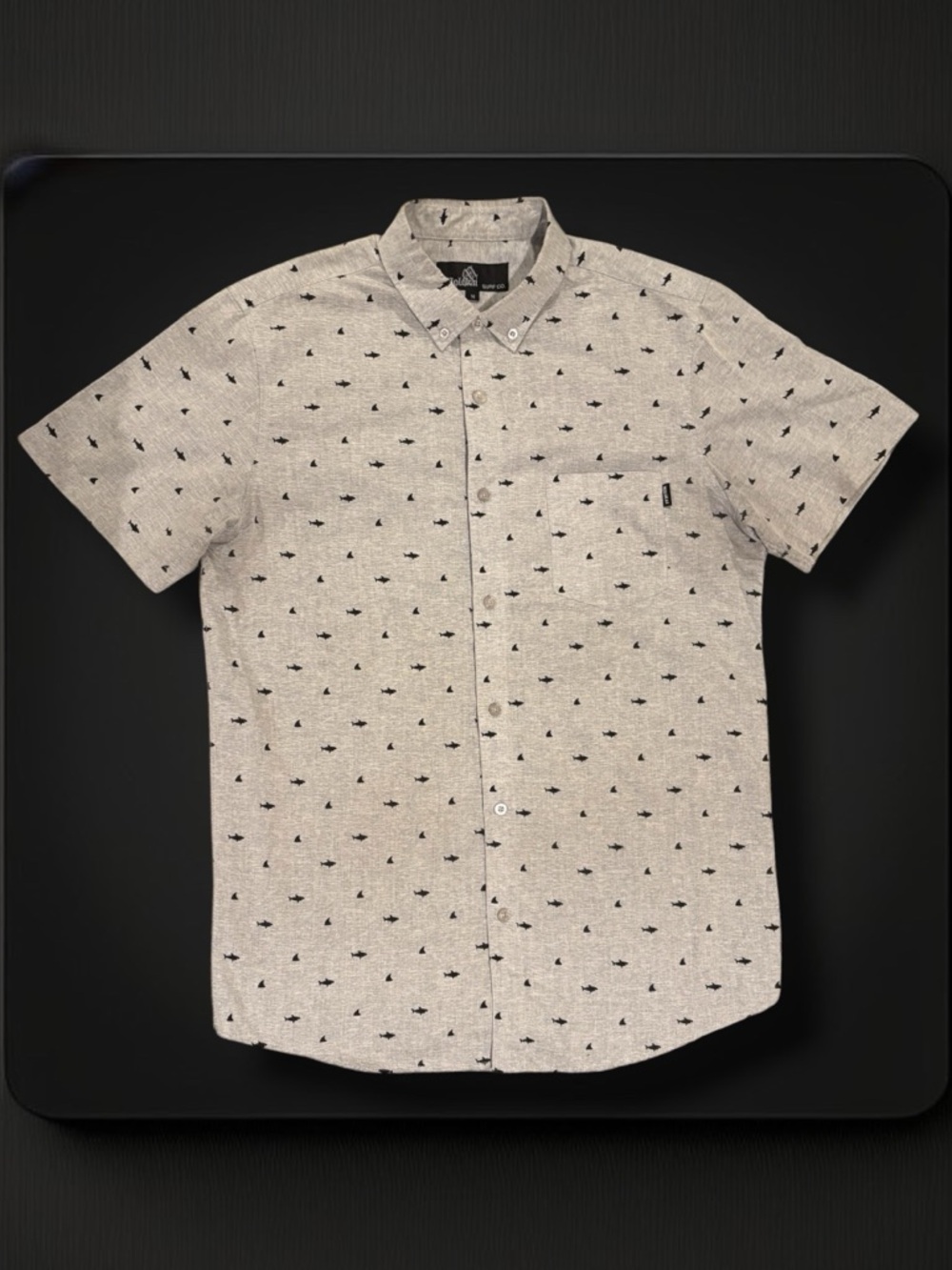 Molokai Surf Co. Shark Print Button Down Short Sleeve Shirt - Gray - Size M